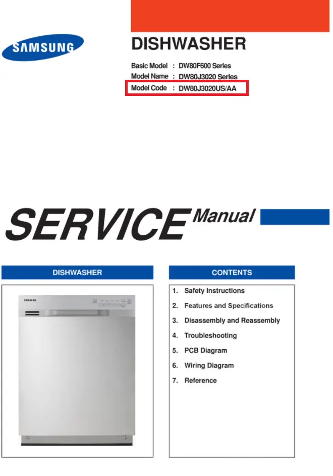 Samsung vaatwasser model nummer in Service manual