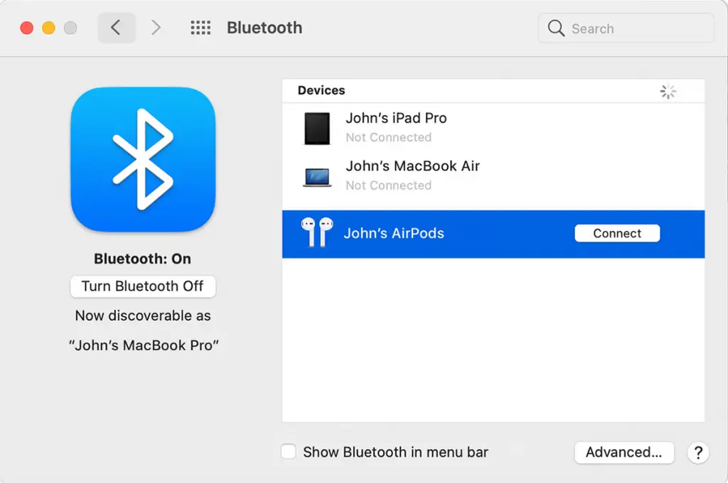 Kies AirPods in Apparaten op Mac